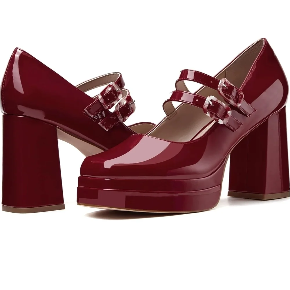 Women's Mary Jane Elegant Burgundy Platform Heels Pumps Retro Chunky 6.5
